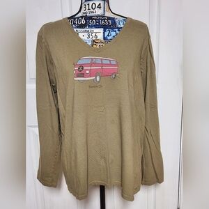 Life Is Good Shirt Womens XL Olive Crusher Tee V-Neck Long Sleeve Van Graphic